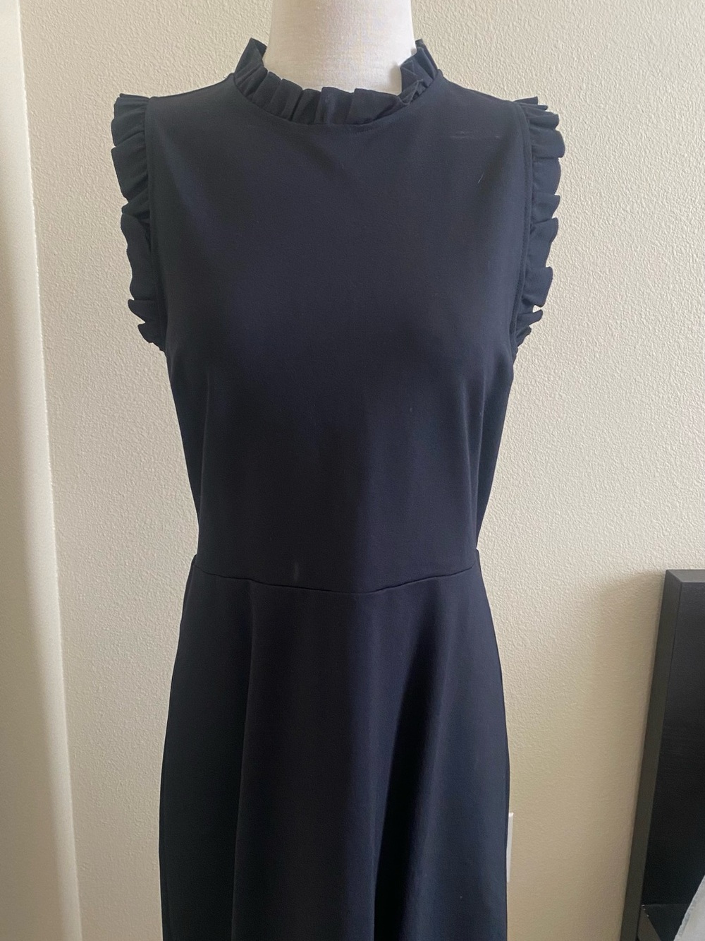 LOFT Navy Midi Sheath Dress with Ruffle Sleeves
